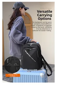 Black nylon backpack with a convenient luggage strap for easy business travel use