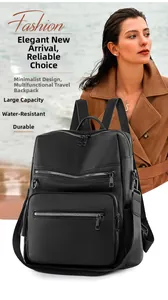 Detail of black pebbled PU leather backpack with silver zippers and water-resistant finish