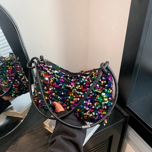 Women Sequin Underarm Bag PU Leather Shiny Shoulder Bag Y2K Fashion Sparkly Evening Handbag For Party Everyday Accessory