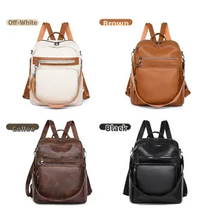 Multi-color ladies canvas backpack selection in white, brown, coffee, and black tones