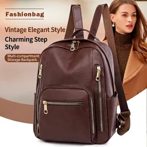 Women Fashion PU Leather Backpack Large Capacity Multi-Pocket Retro Urban Minimalist Travel School Bag For Women Lady