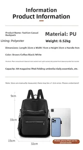 Detailed size specifications of the black PU leather backpack with A4 capacity chart
