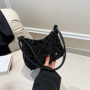 Sparkly black sequin hobo bag for women with elegant knotted leather handle and sleek design