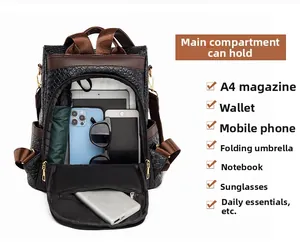 Top view of large capacity black woven PU leather backpack showing inner storage space