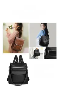 Detail of vintage faux leather backpack showing multi-pocket design and stitching