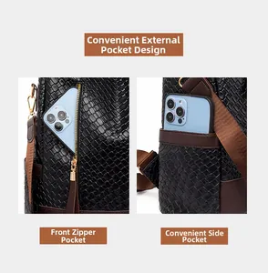Detail of black woven PU leather backpack with gold zippers and convenient side pockets
