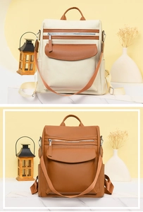 Detail of lychee pattern PU leather backpack with multi-pocket design and strap