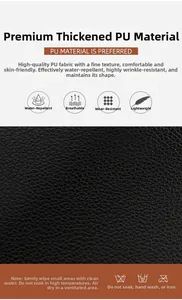 Detail of waterproof black litchi grain PU leather with fabric care icons and material specs