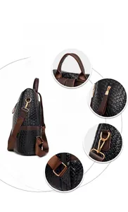 Detail view of woven PU leather backpack showing gold zippers and reinforced brown straps