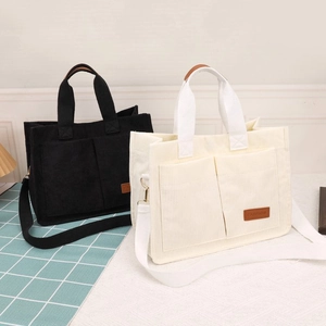 Minimalist corduroy tote bags in black and beige with spacious pockets and shoulder straps