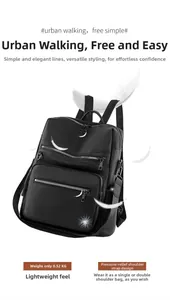 Detail showing 0.52kg lightweight design and textured black faux leather on the backpack