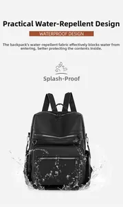 Practical waterproof black leather backpack with lychee texture and splash-proof fabric