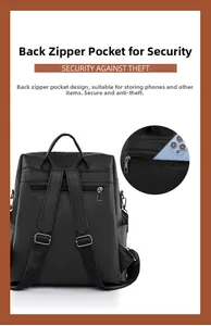 Detail of rear anti-theft zipper pocket on black lychee leather women backpack