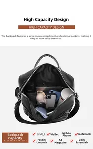 Detail view of large capacity black backpack showing storage for tablet and daily items