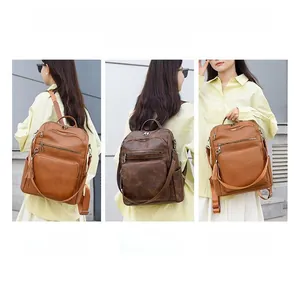 Three-way carry brown leather backpack for women shown in shoulder, back and hand-held modes