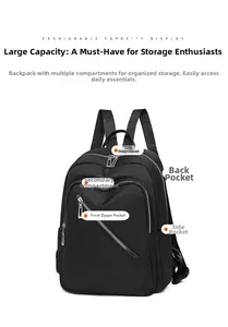 Detail view of the black nylon backpack showing multi-pocket storage and functional compartments