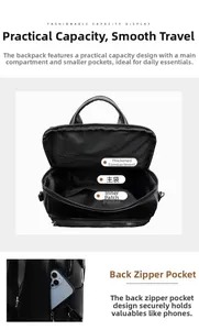 Detail of backpack interior with laptop compartment and hidden anti-theft back pocket