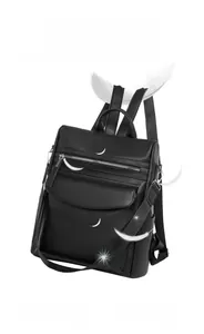 Detail of black pebbled PU leather backpack with lightweight strap and zip pockets
