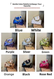 Detailed grid view showcasing eight colorful sequin handbags with gold chain straps