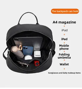 Detail view of the large capacity nylon backpack interior with organized travel essentials