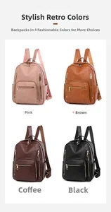 Collage of leather backpacks in pink, brown, coffee, and black with multiple zip pockets