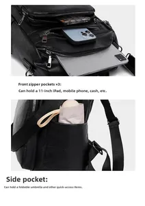 Detail of black leather backpack showing front zipper pockets and side umbrella storage