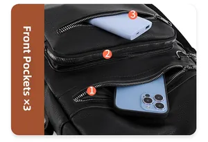 Detail view of three front zipper pockets on black lychee leather backpack with storage