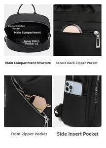 Detail view of the multi-pocket storage system and anti-theft zipper on this nylon backpack