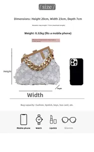 Size chart showing 23x20x7cm dimensions for this silver sequined chain crossbody bag