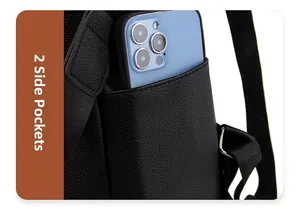 Detail shot of black pebbled leather side pocket with blue smartphone for size reference