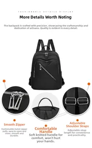 Detail view of smooth metal zippers and adjustable straps on black nylon backpack