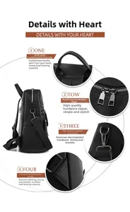 Detail view of black lychee leather backpack with top handle and metal zippers