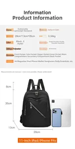 Detailed size specifications and capacity layout for the waterproof nylon backpack