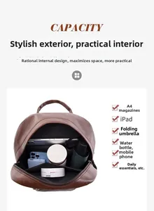 Detail view of the large capacity interior with organized compartments for a brown backpack