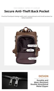 Detail view of large capacity vintage brown leather backpack with anti-theft rear opening