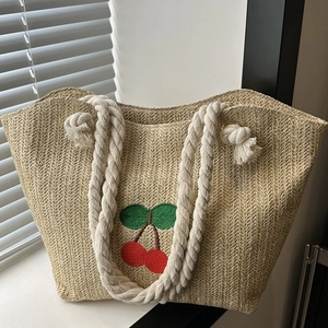 Sac Fourre-tout en Paille Tissée avec Broderie de Cerises Femmes Grande Capacité Décontracté Vacances Plage Sac à Bandoulière