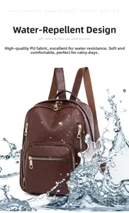 Water-resistant dark brown PU leather backpack with gold zippers and splash-proof detail