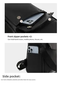 Detail of lychee leather backpack with functional front zipper pockets and side pouch