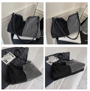 Vues détaillées d'un sac cabas noir et blanc avec décoration en maille strassée brillante