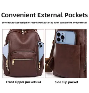 Detail view of brown leather backpack featuring four front zipper pockets and side phone pouch