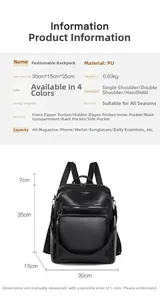 Detailed size specifications for a black PU leather backpack showing 30x15x35cm dimensions