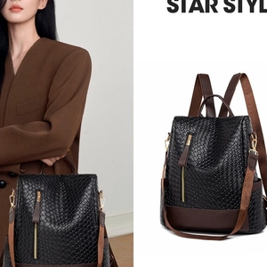 Women Fashion PU Leather Woven Texture Anti-Theft Backpack Large Capacity Vintage Commuting Waterproof Patchwork Travel Bag
