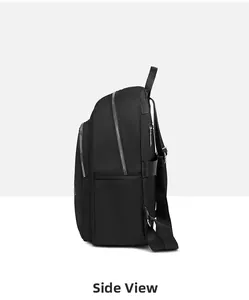 Side view showing multilayered zippers and nylon texture of the black travel backpack