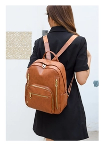 Brown PU leather backpack detail showing functional zipper pockets on model back