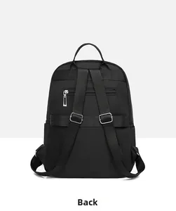 Ergonomic back of black nylon backpack with luggage strap and anti-theft pocket