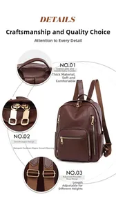 Detail view of brown leather backpack with sturdy handle, smooth zipper, and adjustable strap