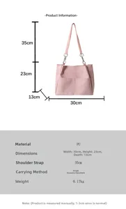 Pink PU leather tote bag size chart showing dimensions 30x23x13cm with twin front pockets