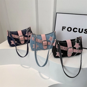 Y2K Denim Star Underarm Shoulder Bag Vintage Retro Sweet Cool Pink Star Patch Metal Chain Buckle Handbag For Women Fashion Bag