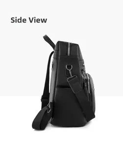Side view of black faux leather backpack with litchi texture and adjustable straps