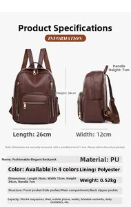 Detailed size specifications of brown PU leather backpack with multi-pocket design